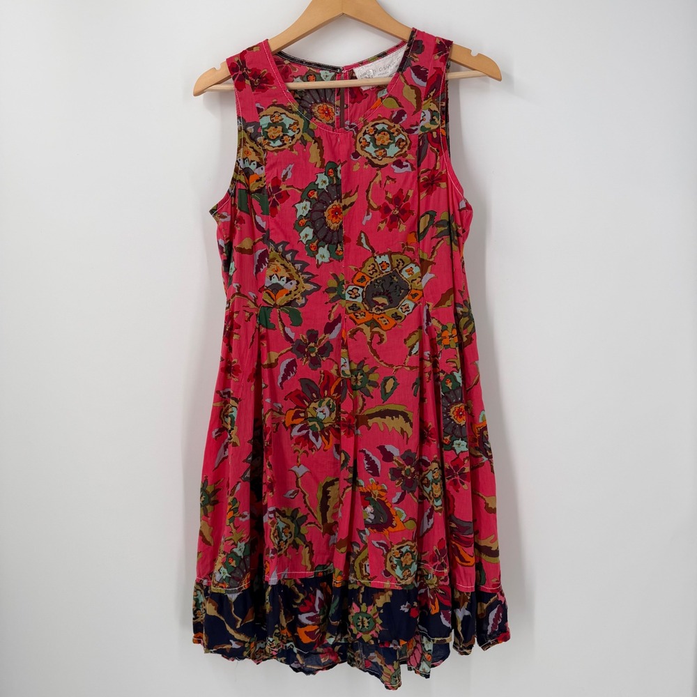 Cino Pink Floral Paisley Sleeveless Mini Dress Navy Ruffle Hem Size M